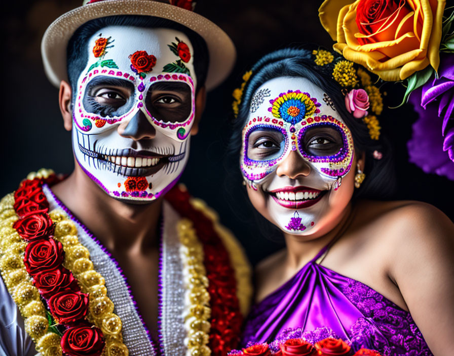 Vibrant Dia de los Muertos skull makeup on two people in purple and red attire with rose