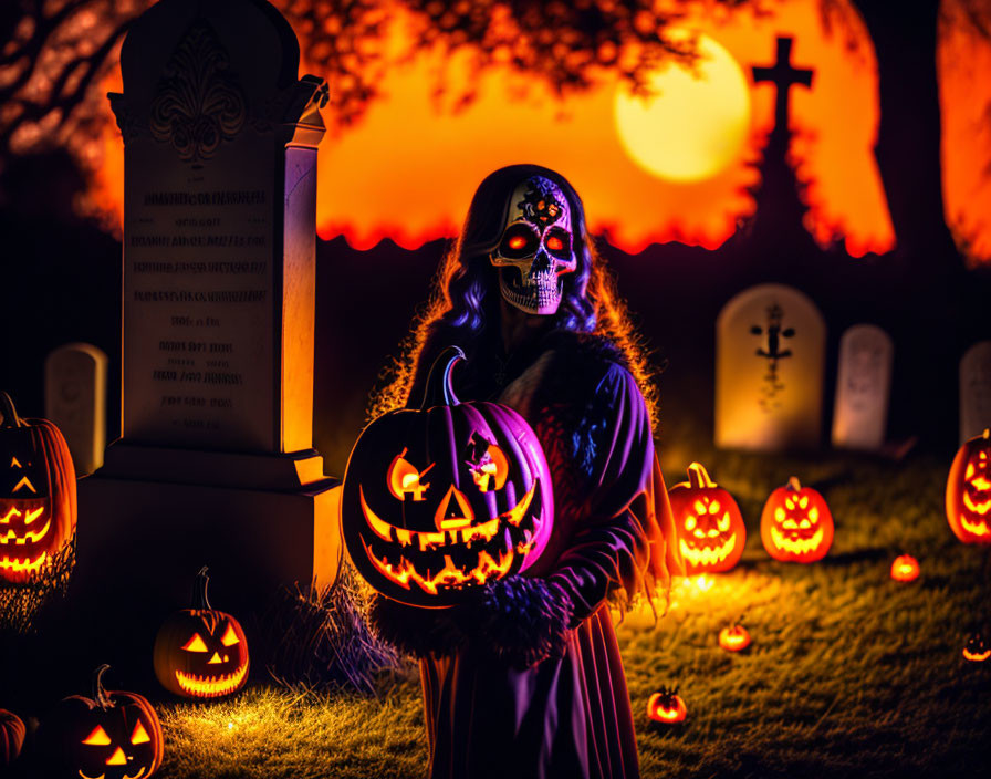 Person with Day of the Dead makeup holding pumpkin in cemetery with jack-o'-lanterns and full