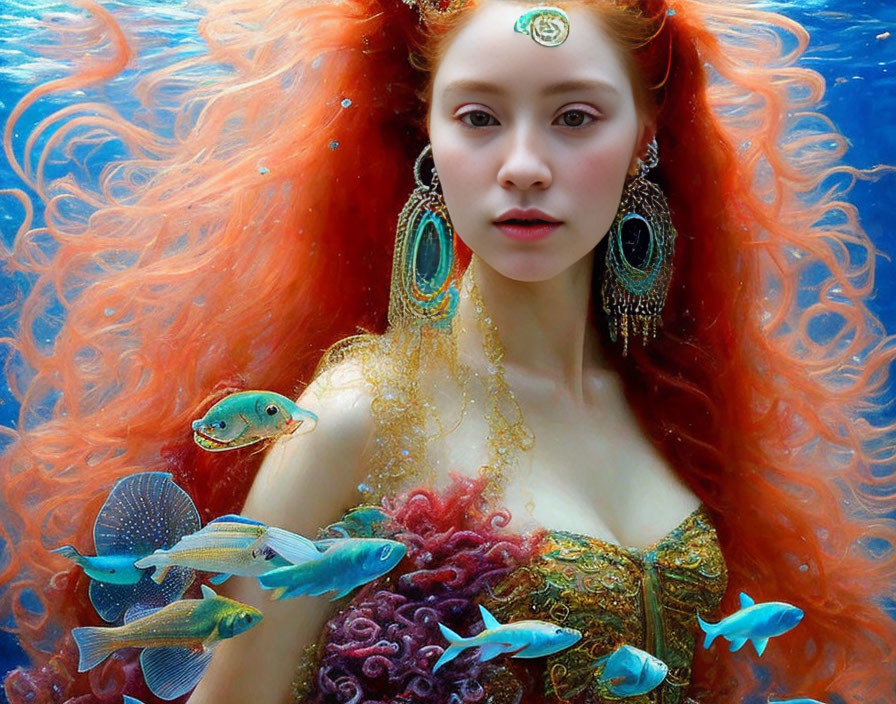 Red-haired woman with ornate jewelry underwater among colorful fish