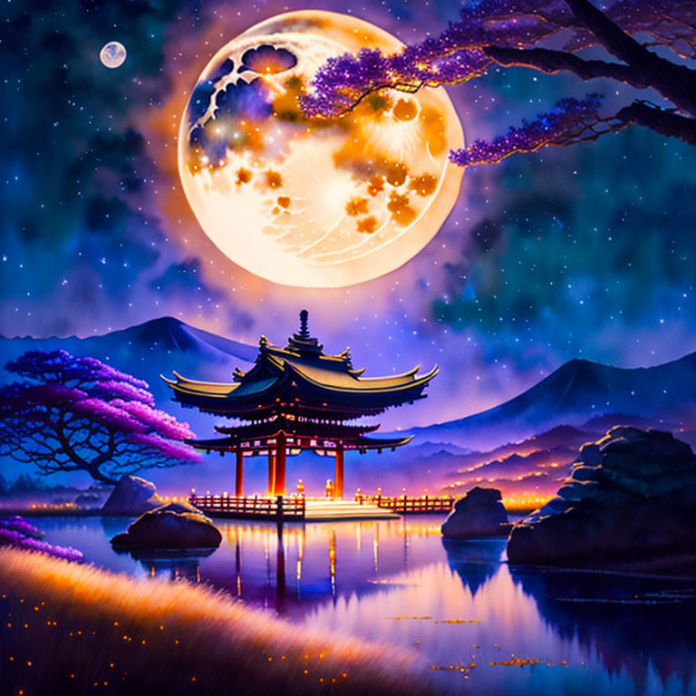 Traditional Asian temple by tranquil lake under luminous full moon and blossoms against mountains