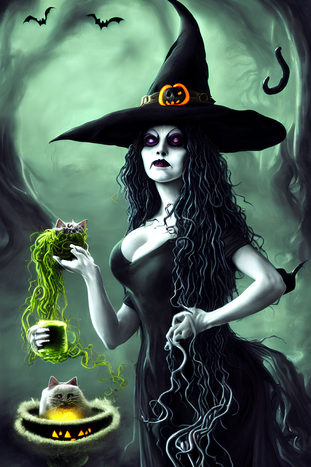 Gothic witch with purple eyes holding potion, cat in pumpkin, surrounded by bats.