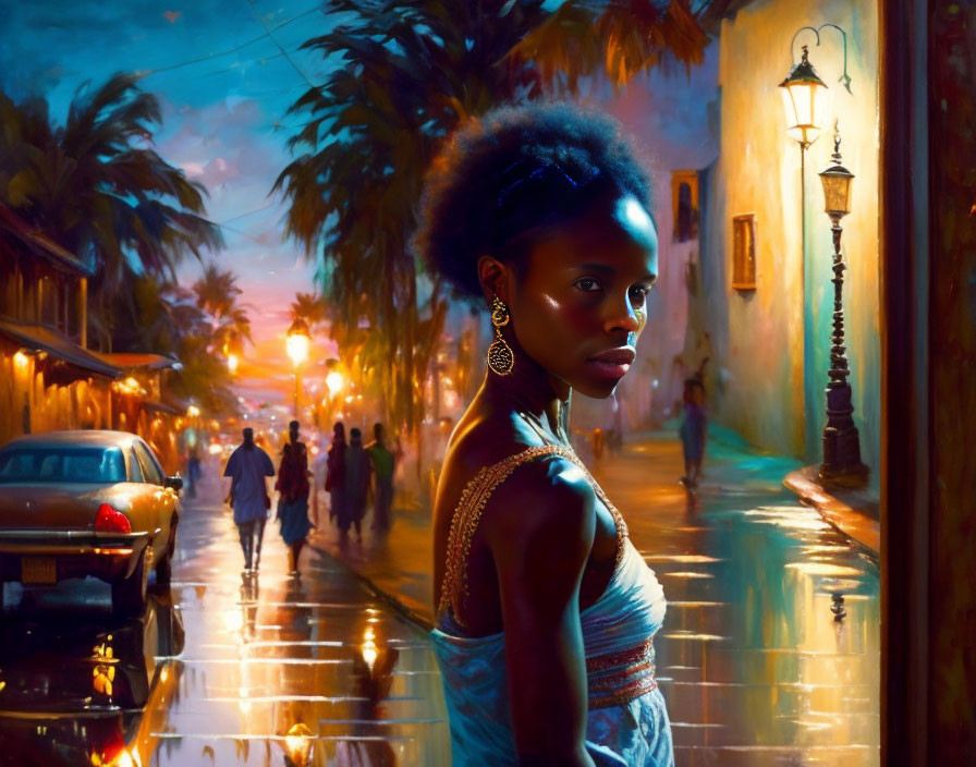 Vibrant street scene: woman with afro observing dusk ambiance.