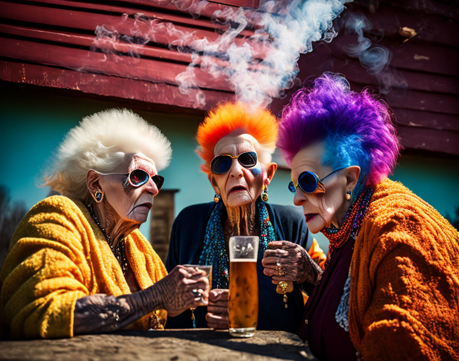 Elderly women with colorful hair and sunglasses drinking beer and smoking outdoors.