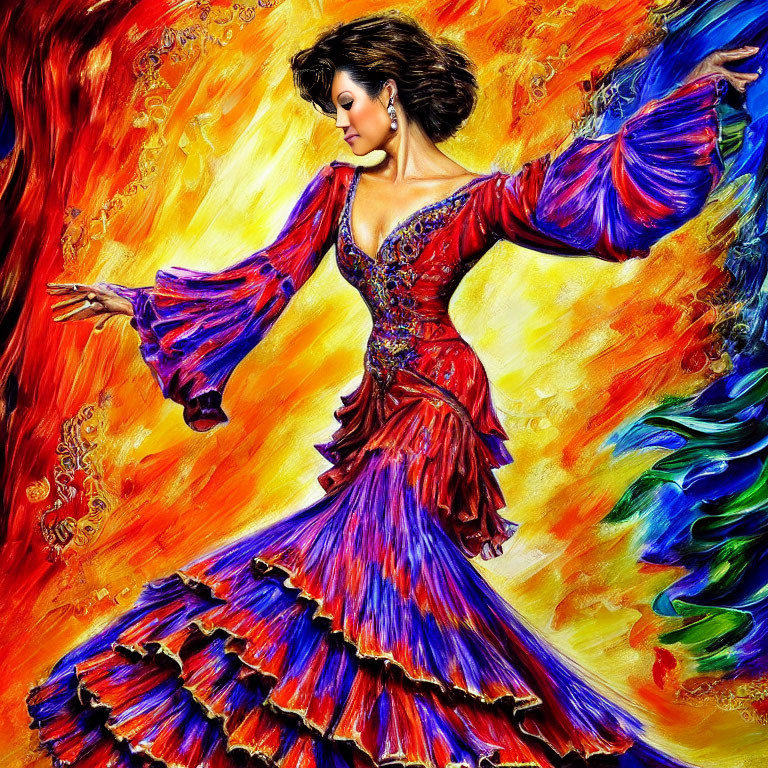 Colorful Flamenco Dress Painting with Dynamic Brushstrokes