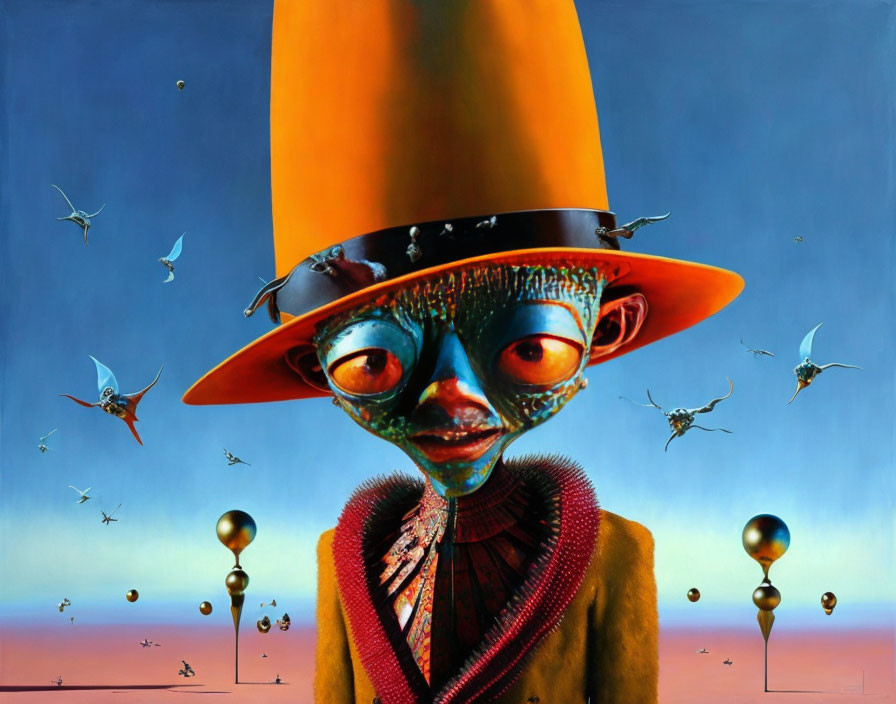 Fantastical creature with oversized orange hat and reflective skin in surreal blue scene