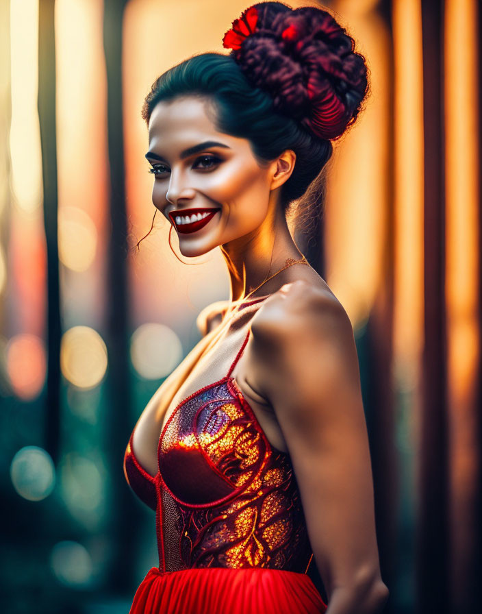 Vibrant woman in red dress with flower, exudes confidence.