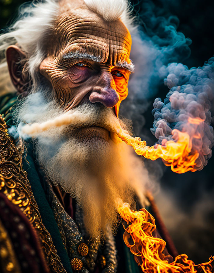 Elderly man with face paint and white beard exhaling smoke and flames in ornate attire