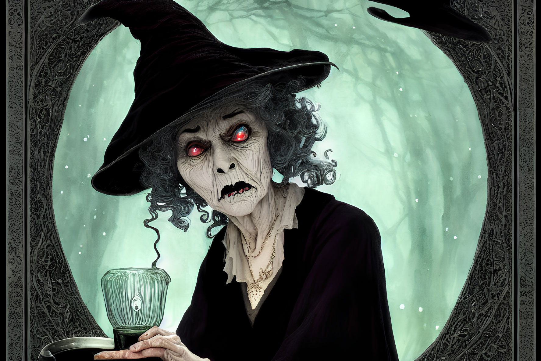 Illustration of sinister witch with glowing red eyes in moonlit scene