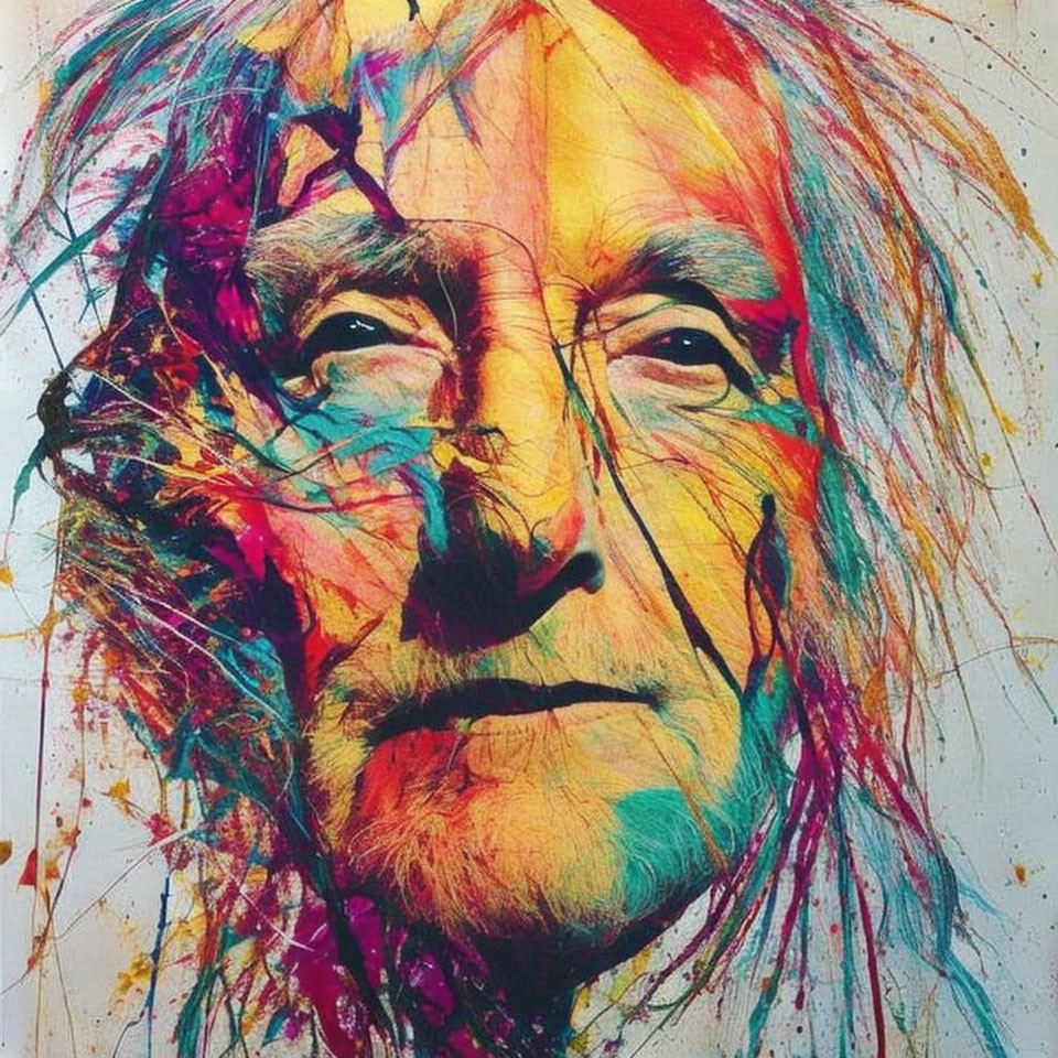 Colorful Abstract Portrait Overlaying Serious Older Face