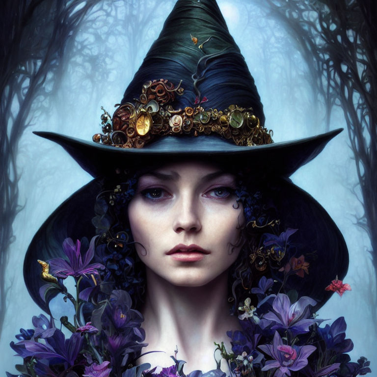 Pale-skinned person in ornate witch's hat with gears and purple flowers in misty forest.