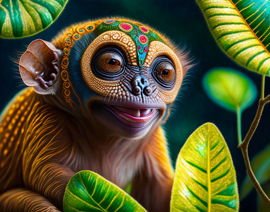 Detailed Colorful Illustration of Whimsical Monkey with Patterned Facial Decorations Among Green Leaves