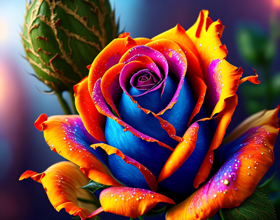 Multicolored rose with blue, purple, and orange hues and water droplets on blurred background