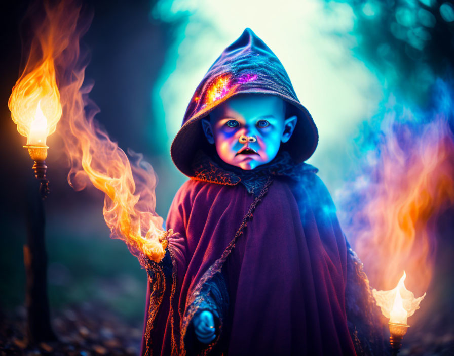 Baby in Wizard Costume Holding Lit Torch in Mystical Setting