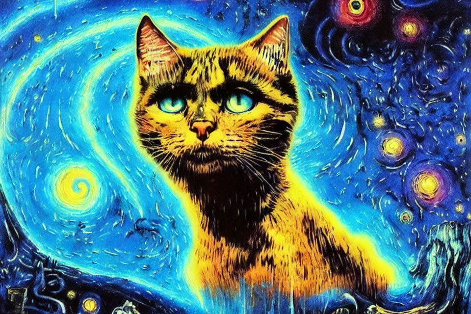 Vibrant cat illustration with blue eyes on cosmic backdrop