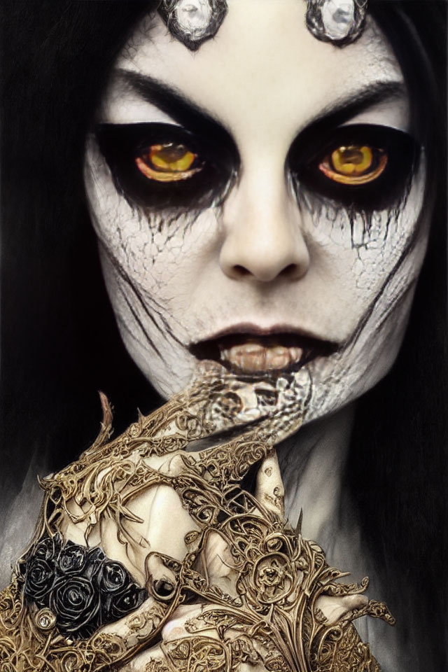 Person with dramatic white and black makeup and ornate gold filigree details