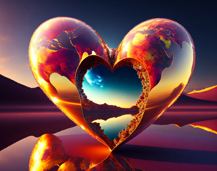 Heart-shaped World Map in Sunset Reflection: Digital Artwork of Universal Love