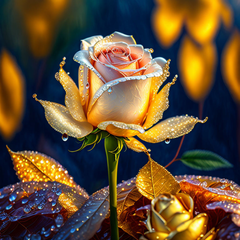 Yellow Rose with Dew on Dark Blue Background