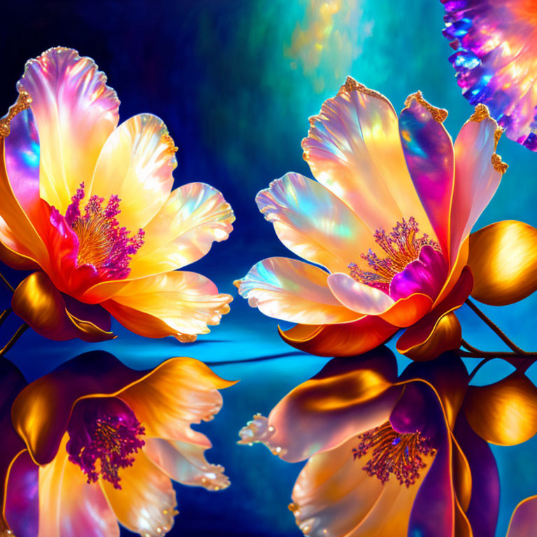 Translucent petals in orange and yellow hues on blue textured background