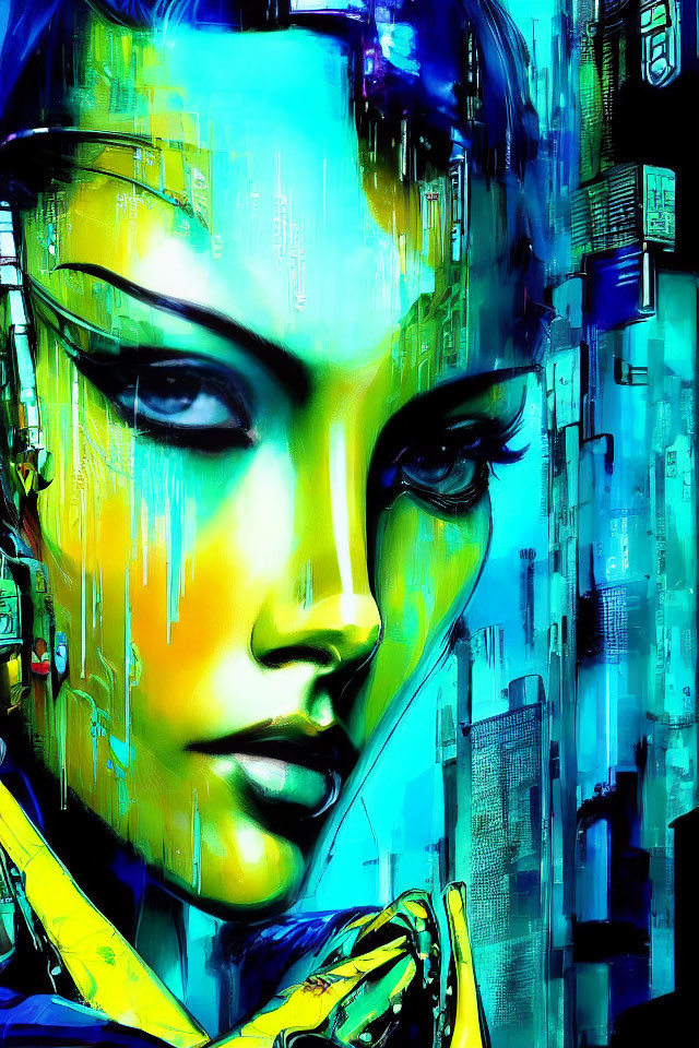 Vividly colored digital artwork of stylized female figure against blue cityscape