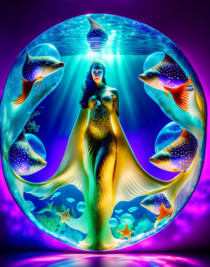 Colorful fantasy artwork: Woman with fishtail in bubble surrounded by fish and coral on purple backdrop