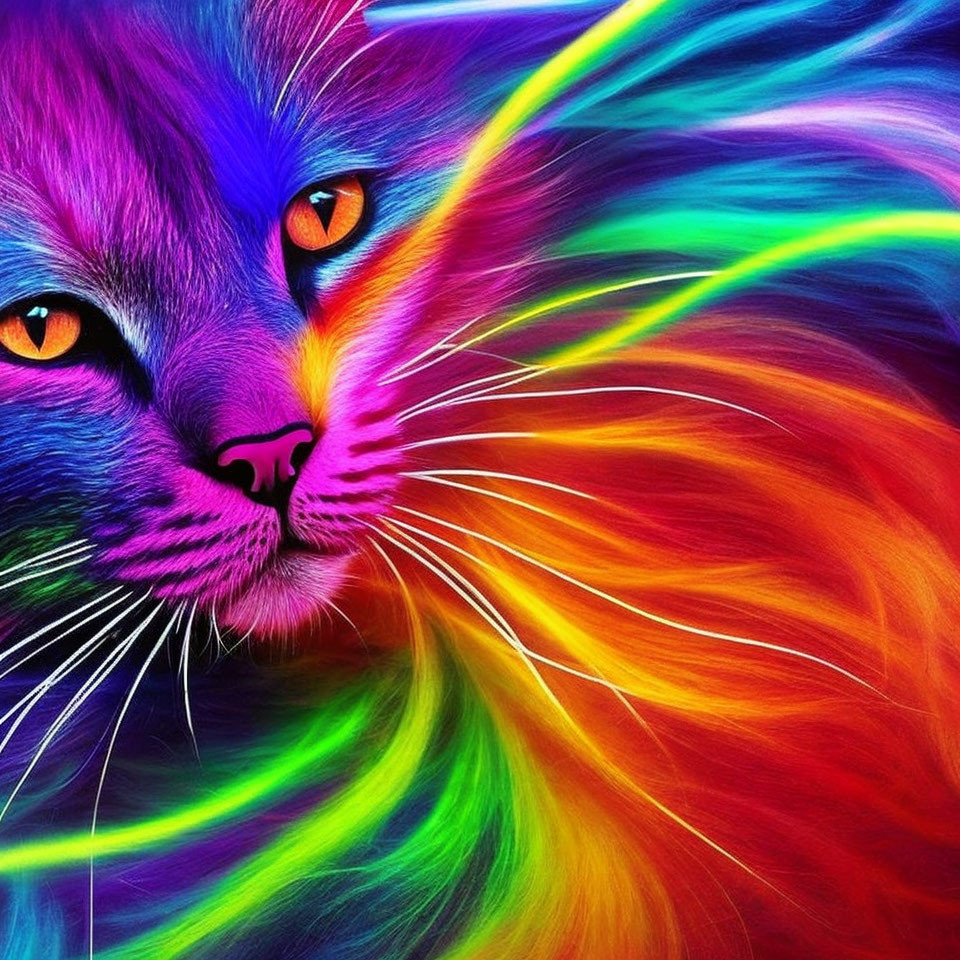 Colorful Rainbow Cat Illustration with Bright Orange Eyes