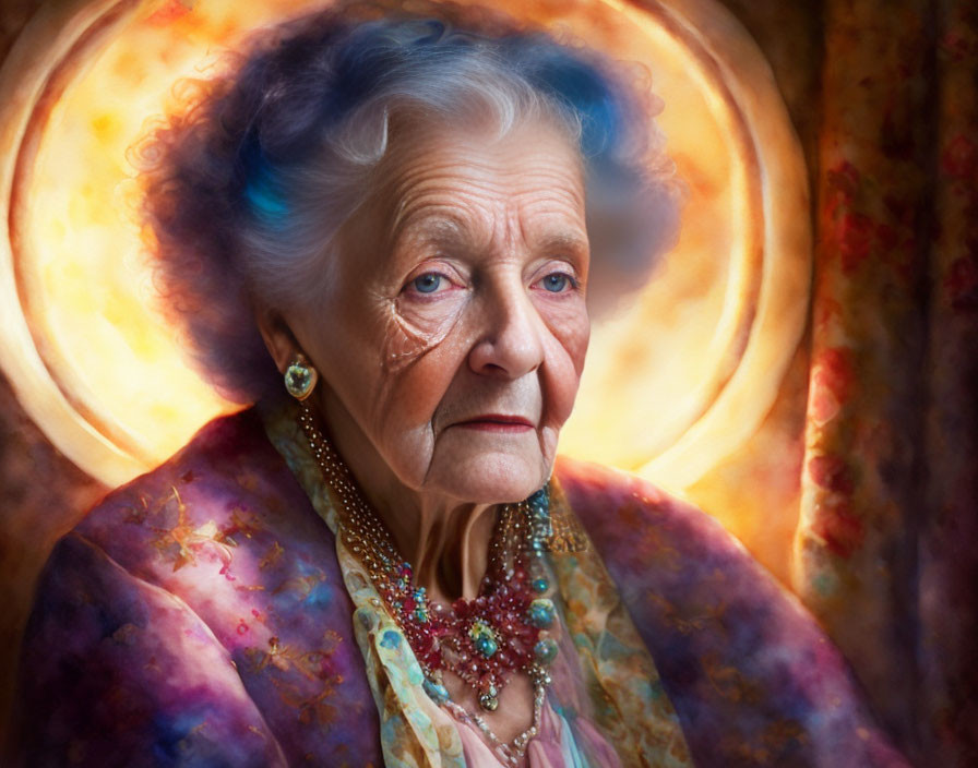 Elderly woman with white hair in colorful attire against warm backdrop