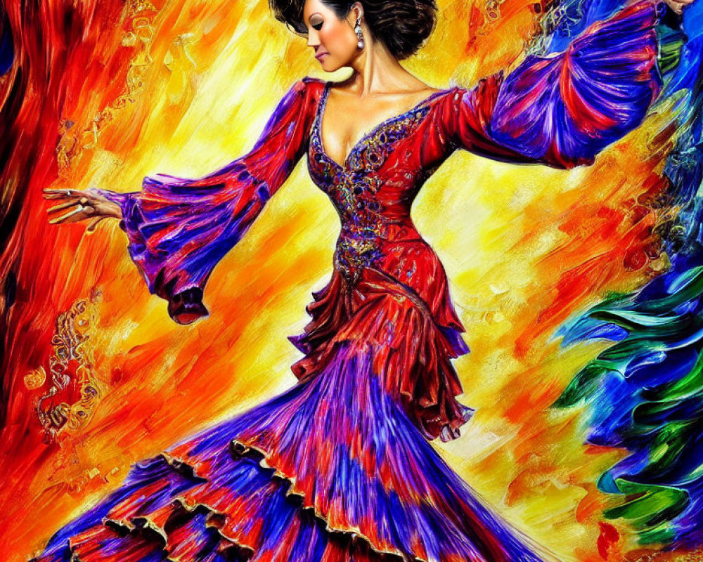 Colorful Flamenco Dress Painting with Dynamic Brushstrokes