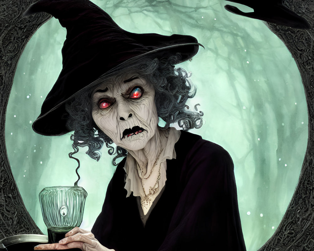 Illustration of sinister witch with glowing red eyes in moonlit scene