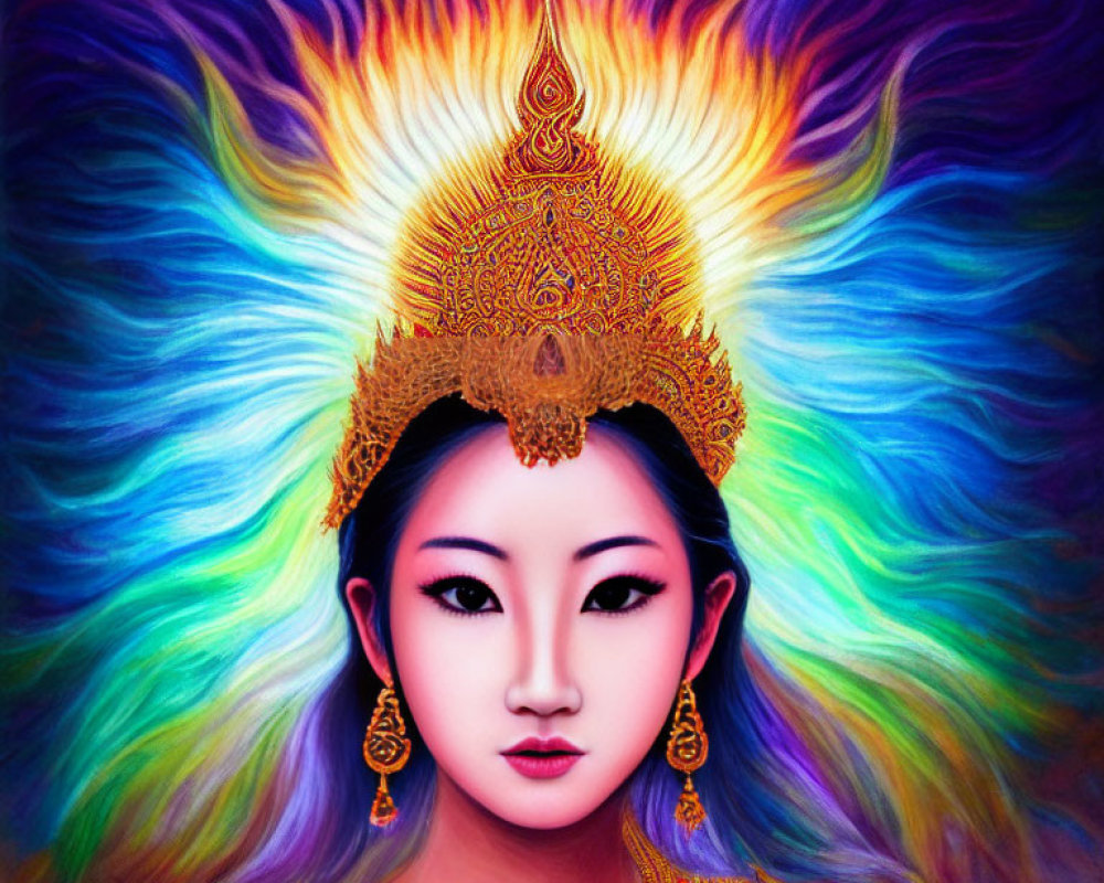 Vibrant woman with golden headdress against colorful background