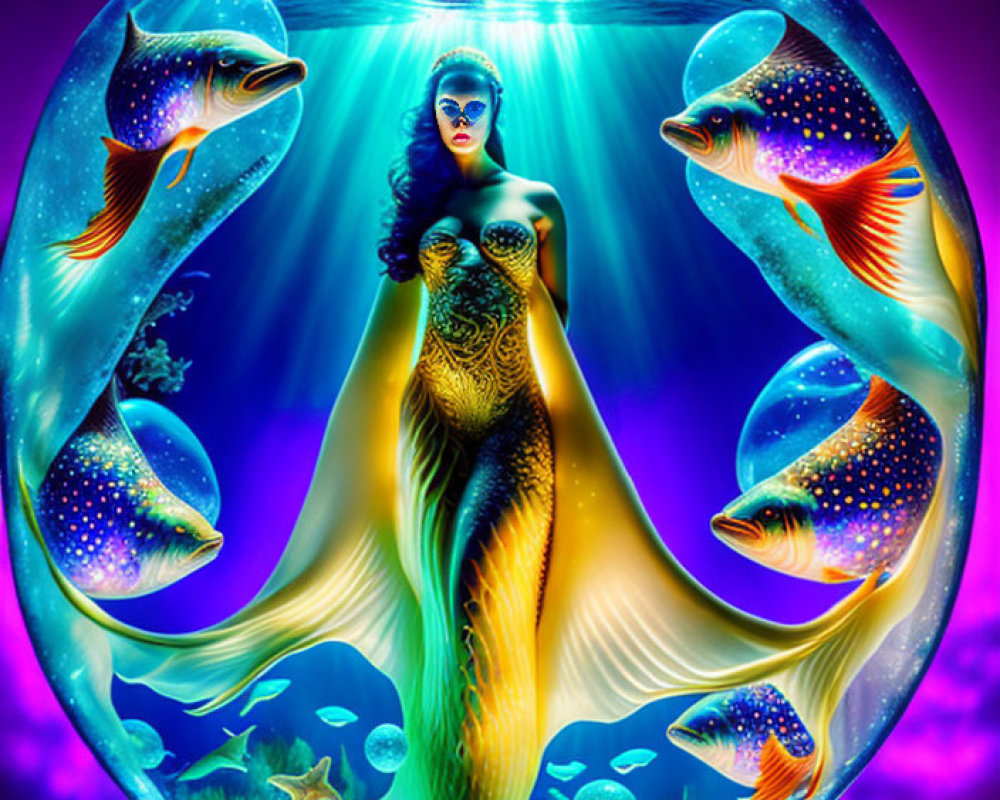 Colorful fantasy artwork: Woman with fishtail in bubble surrounded by fish and coral on purple backdrop