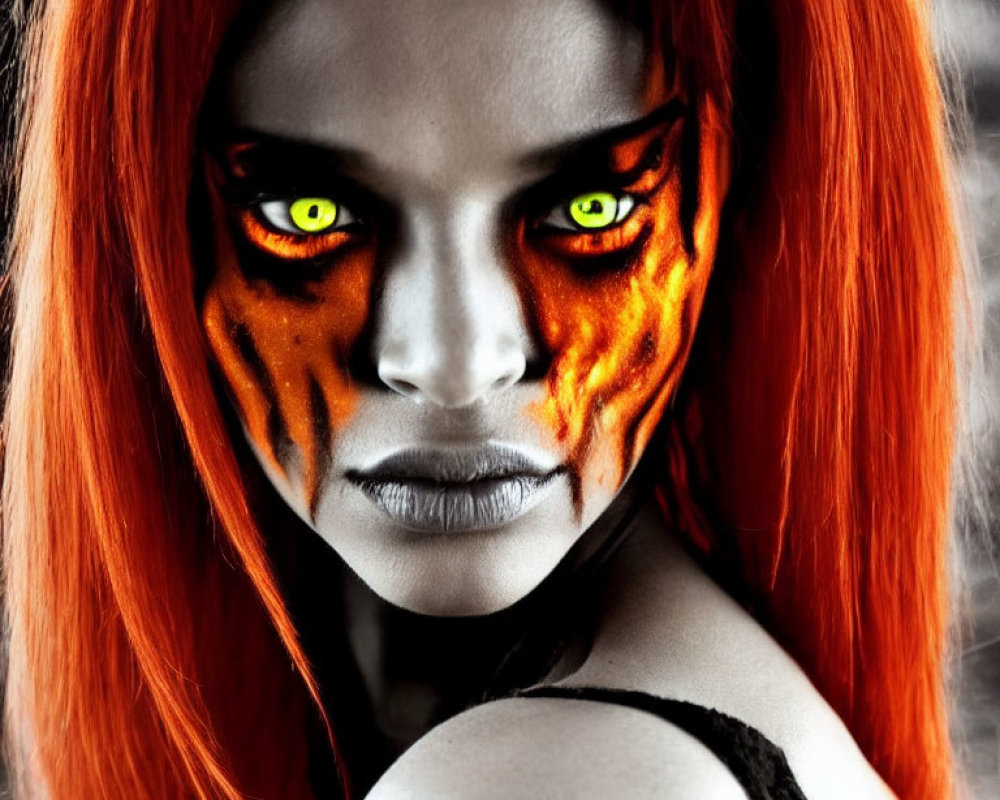 Fiery Orange Hair and Yellow Eyes with Flame-Like Face Paint on Grayscale Background