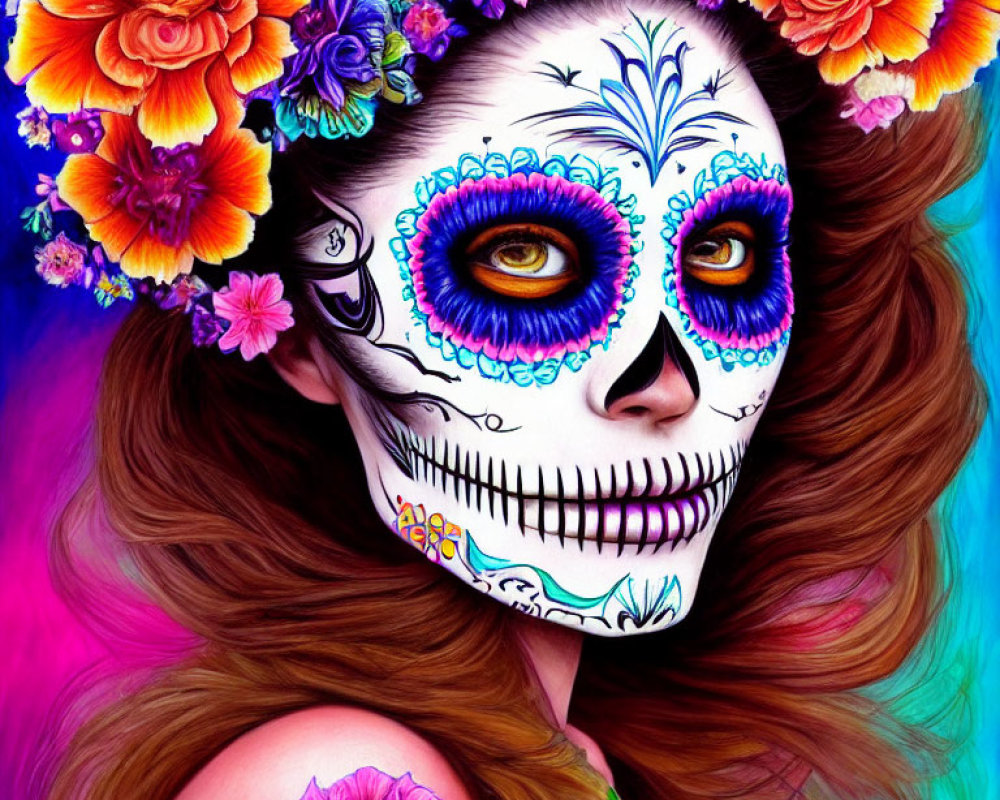 Colorful Day of the Dead Woman Artwork with Floral Crown and Skull Face Paint