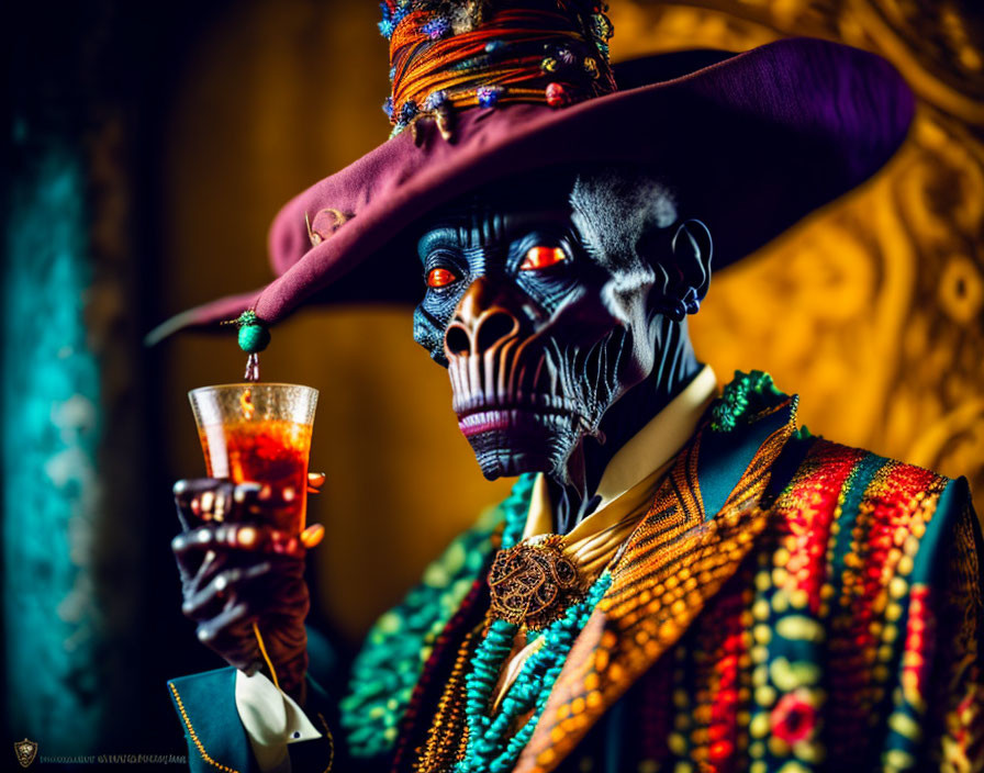 Elaborately dressed figure with skull makeup holding a cocktail at Day of the Dead celebration