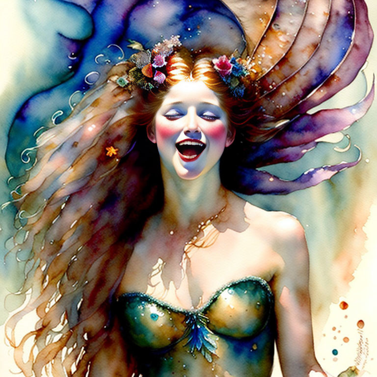 Colorful backdrop featuring joyful mermaid with long hair and seashell bra