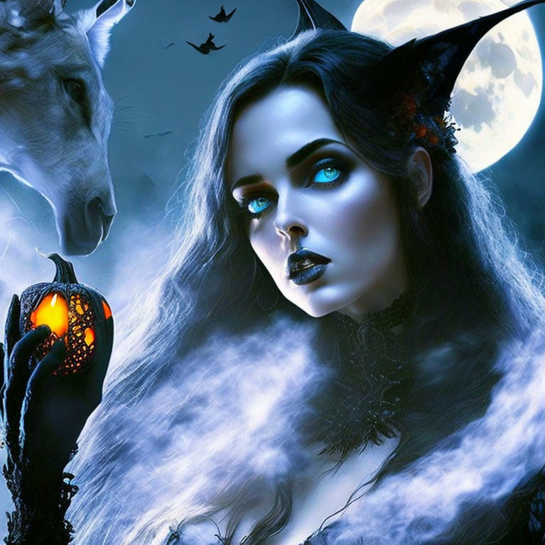 Gothic fantasy art: woman with pumpkin, unicorn, bats under full moon