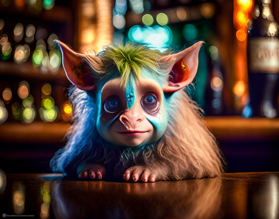 Blue-furred whimsical creature with large eyes and pointy ears in bar setting