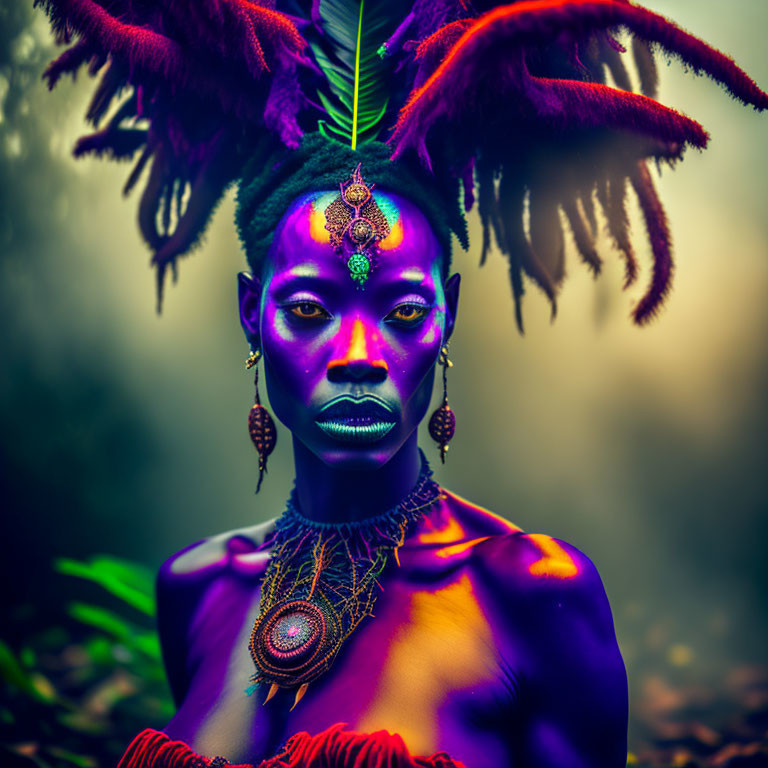 Purple Body Paint and Feathers: Intense Gaze in Misty Setting