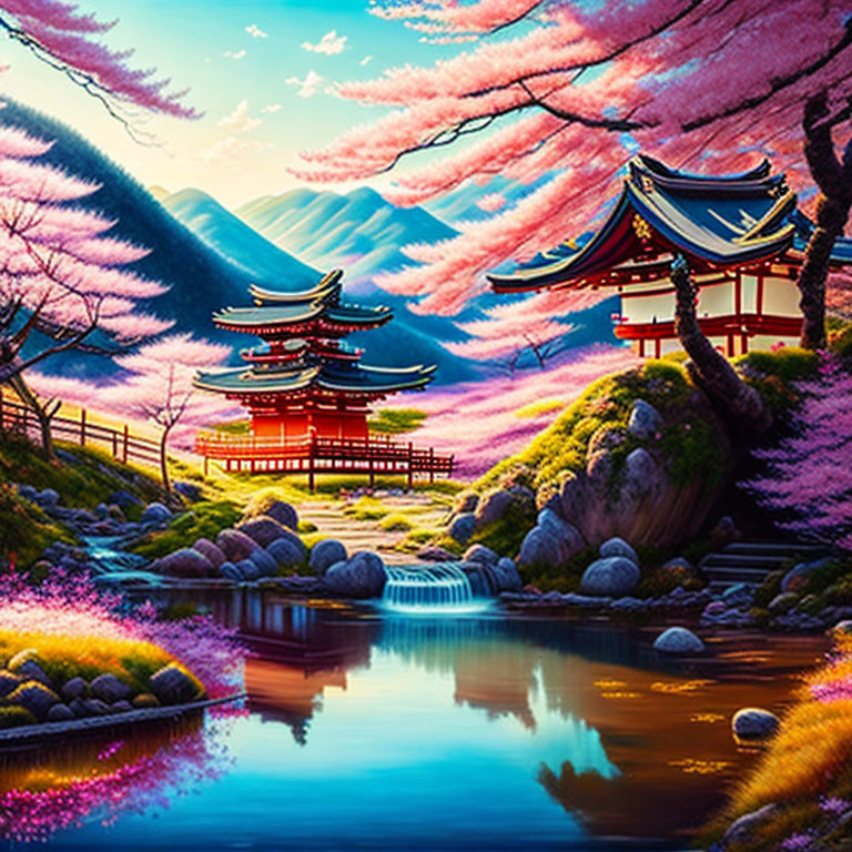 Serene Japanese landscape with cherry blossoms and pagoda