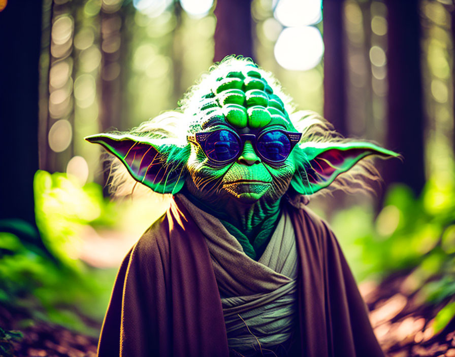 Person in Yoda mask in forest with sunlight.