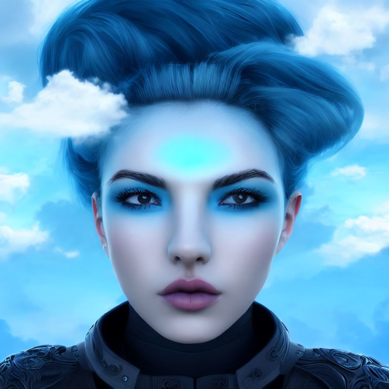 Striking Blue Hair Woman Portrait Against Cloudy Sky Background