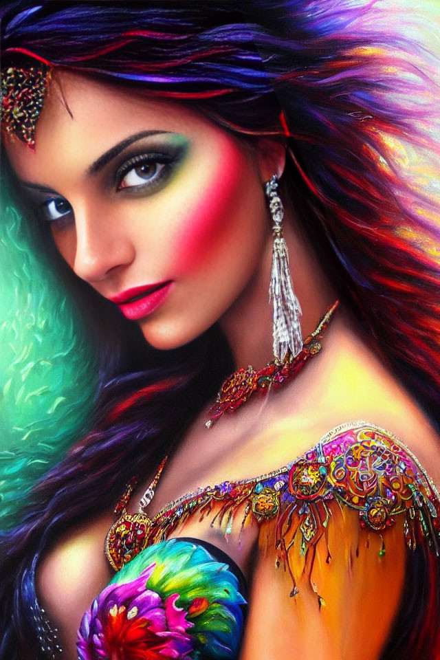 Colorful Woman Artwork with Flowing Hair and Rich Jewelry