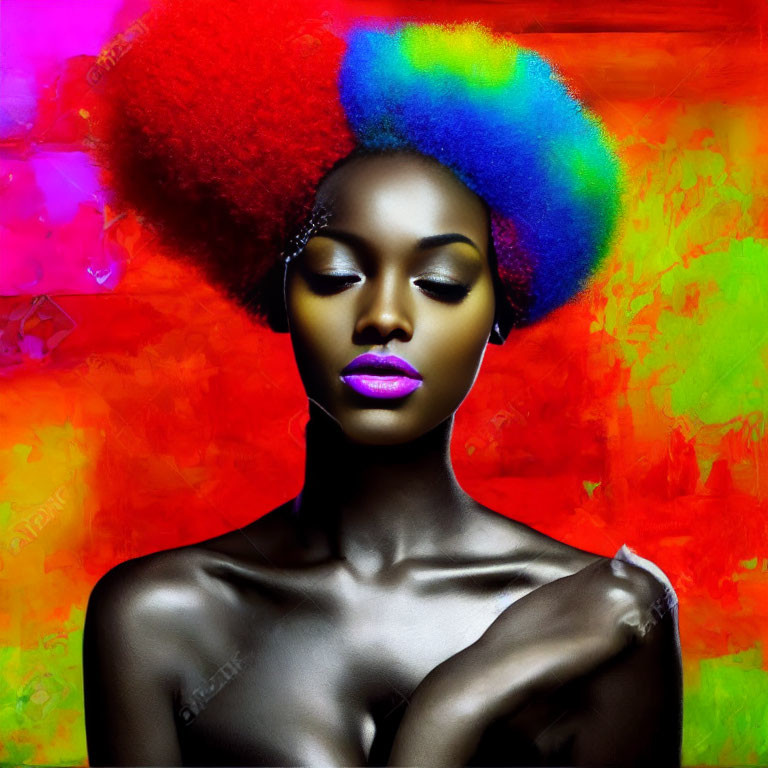 Colorful Afro Woman Portrait with Vibrant Background and Purple Lipstick