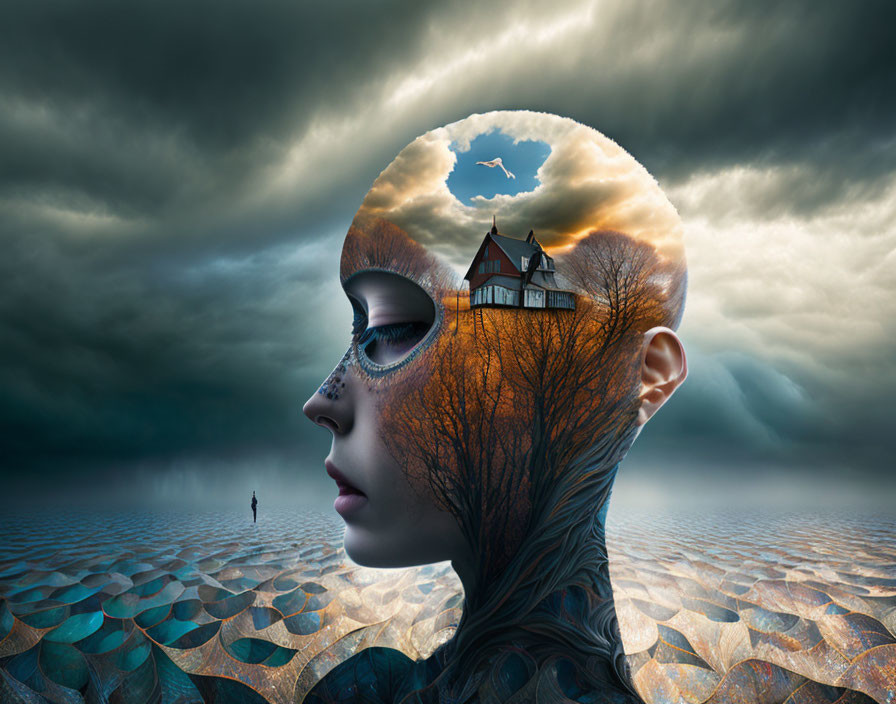 Surreal portrait of a woman with landscape head, house, tree, clouds