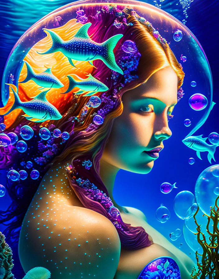 Digital artwork: Woman with sea elements in hair, underwater fantasy theme