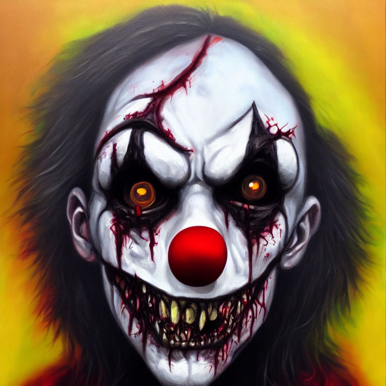 Creepy clown face with white base, black eye sockets, red nose, and bloodstains on