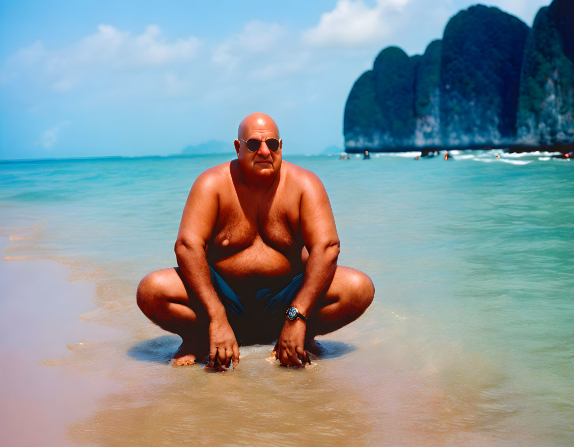 Bald Man in Sunglasses Crouching on Sunny Beach