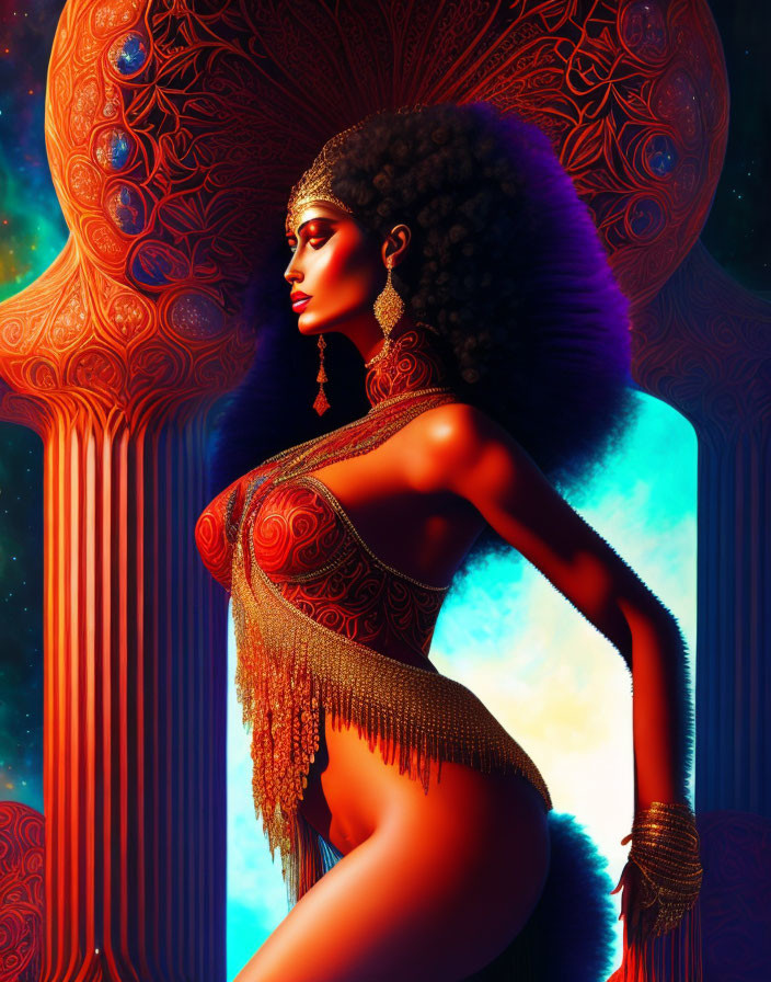 Digital artwork of woman with afro in vibrant, psychedelic backdrop.