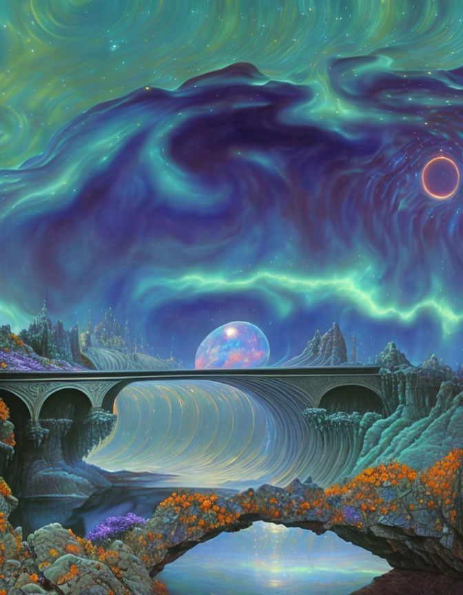 Fantastical landscape with bridge, otherworldly mountains, vibrant aurora, and distant planet