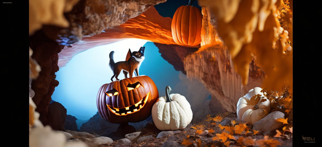 Cat on Jack-o'-lantern in Autumn Cave with Pumpkins