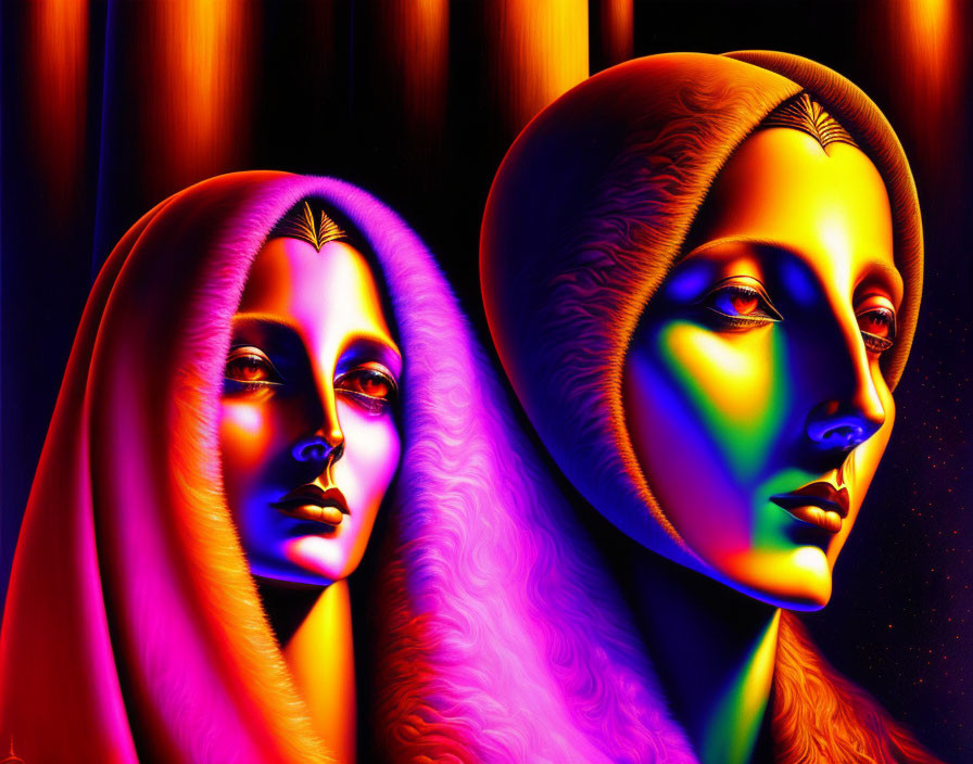 Colorful digital art: Two mystical female faces in flowing garments under neon glow